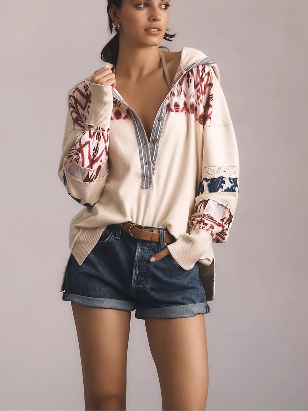 Pilcro Anthropologie Crafted Button-Front Pullover Women’s Sz Medium Mixed Media